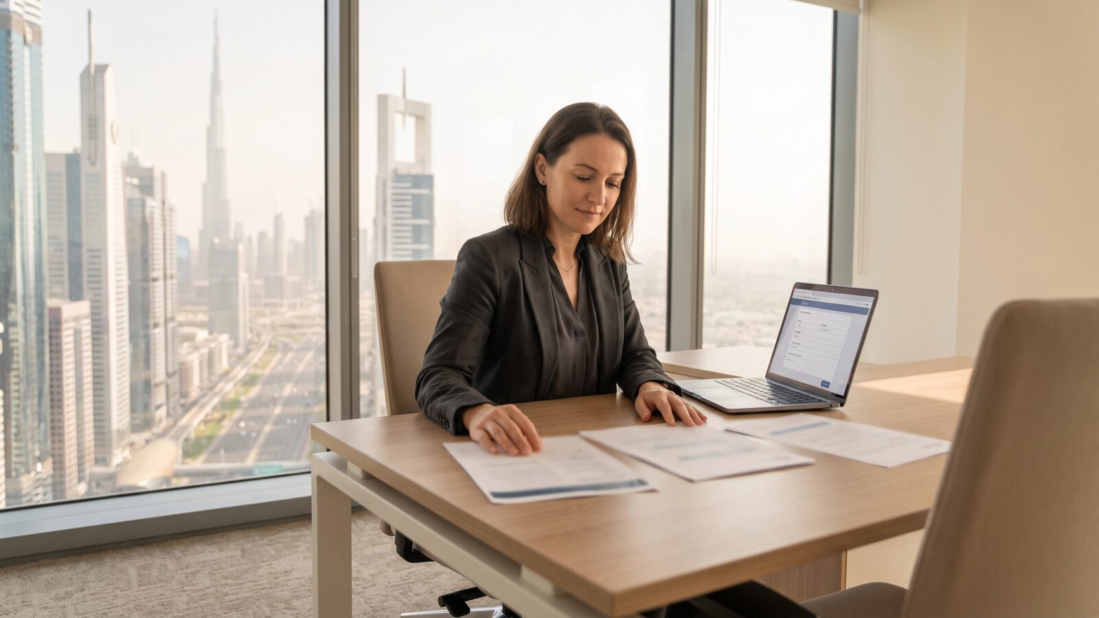 Business setup in Dubai: founder reviewing mainland, free zone and offshore options with the Dubai skyline behind