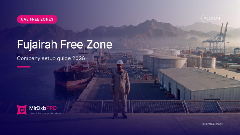 Fujairah free zone company setup: illustrative image of the port and mountains in Fujairah
