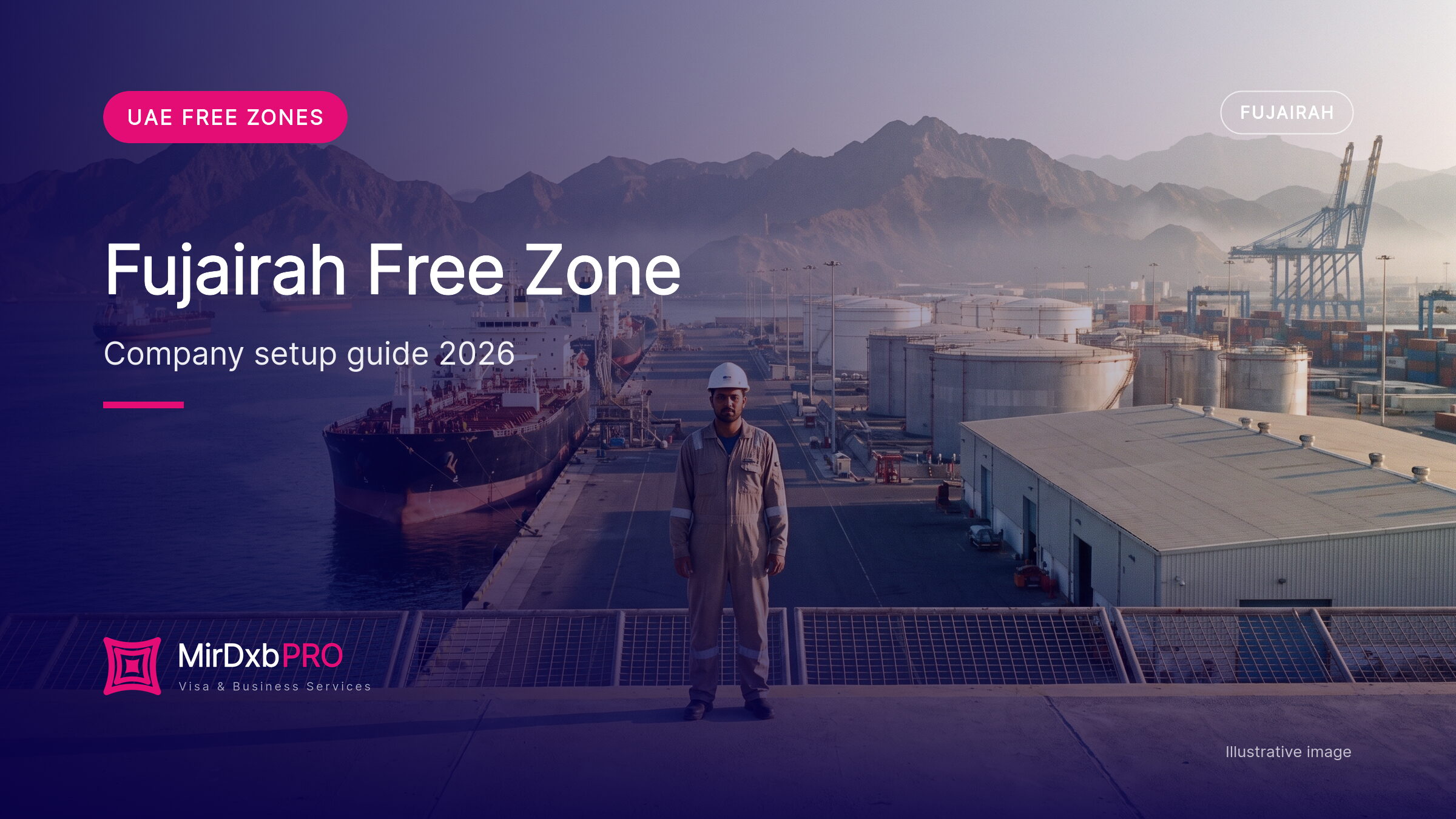 Fujairah free zone company setup: illustrative image of the port and mountains in Fujairah