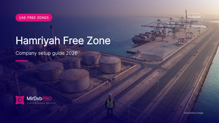 Hamriyah free zone company setup: illustrative aerial image of the industrial port on the Sharjah coast