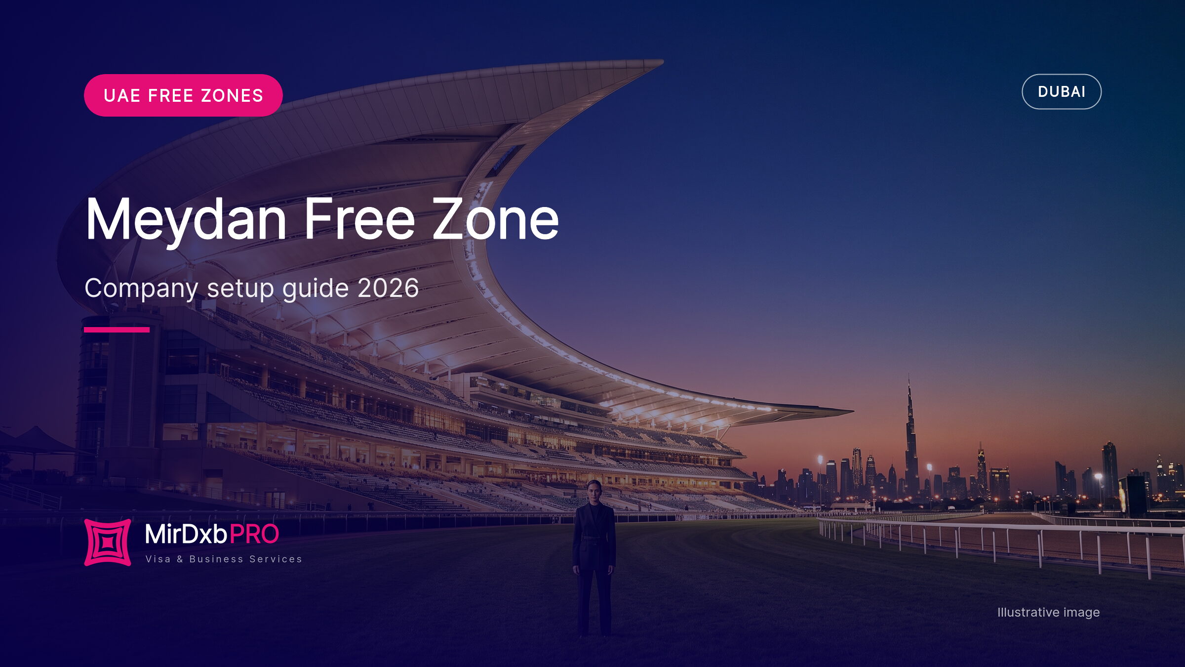 Meydan free zone company setup: illustrative image of the Meydan grandstand at dusk