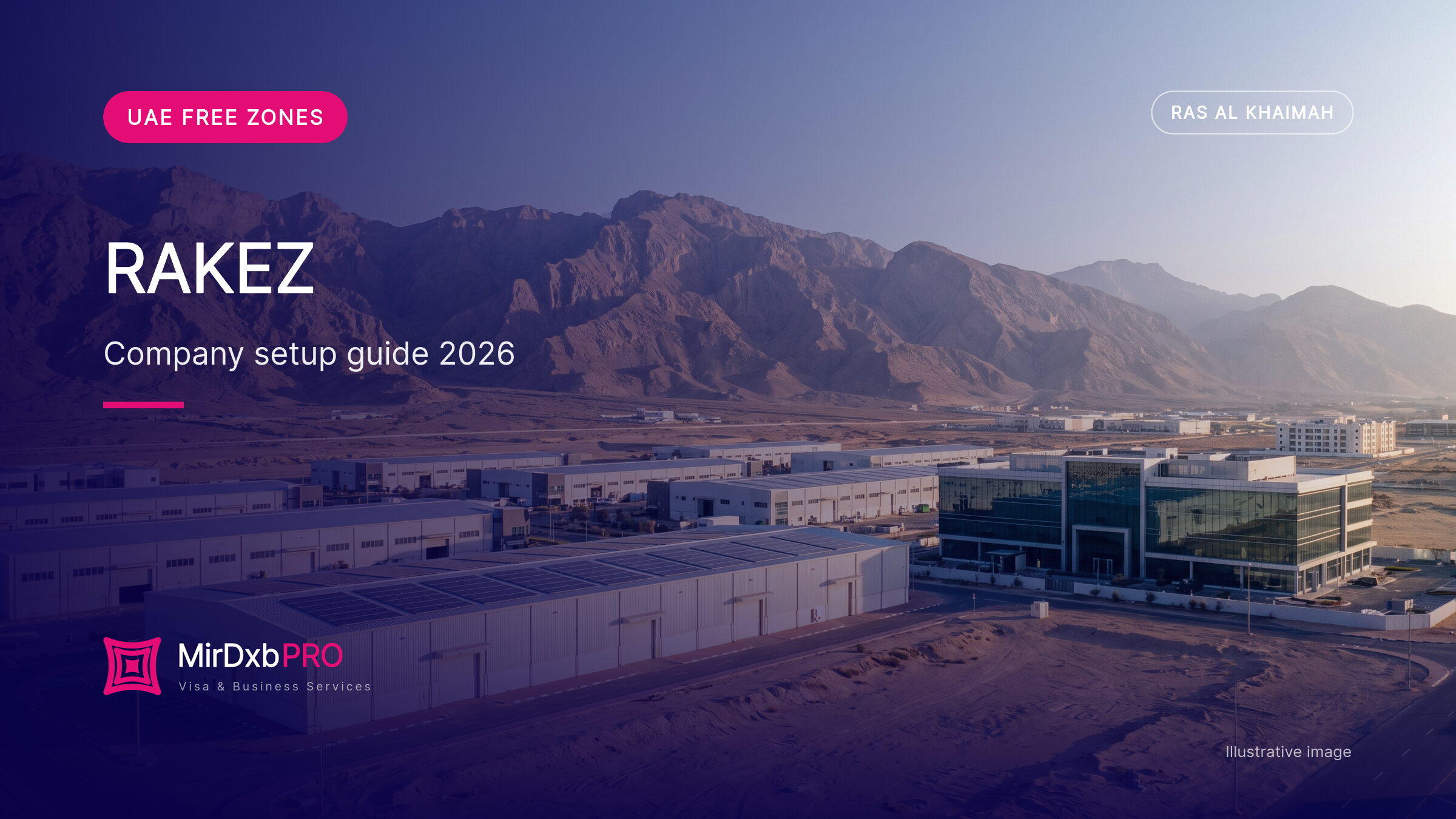 RAKEZ company setup: illustrative image of warehouses and industrial units below the Hajar mountains