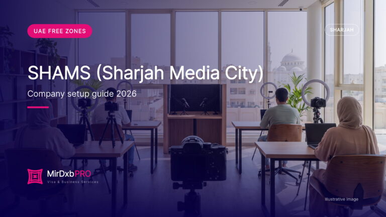SHAMS free zone company setup: illustrative image of creators in a Sharjah media workspace