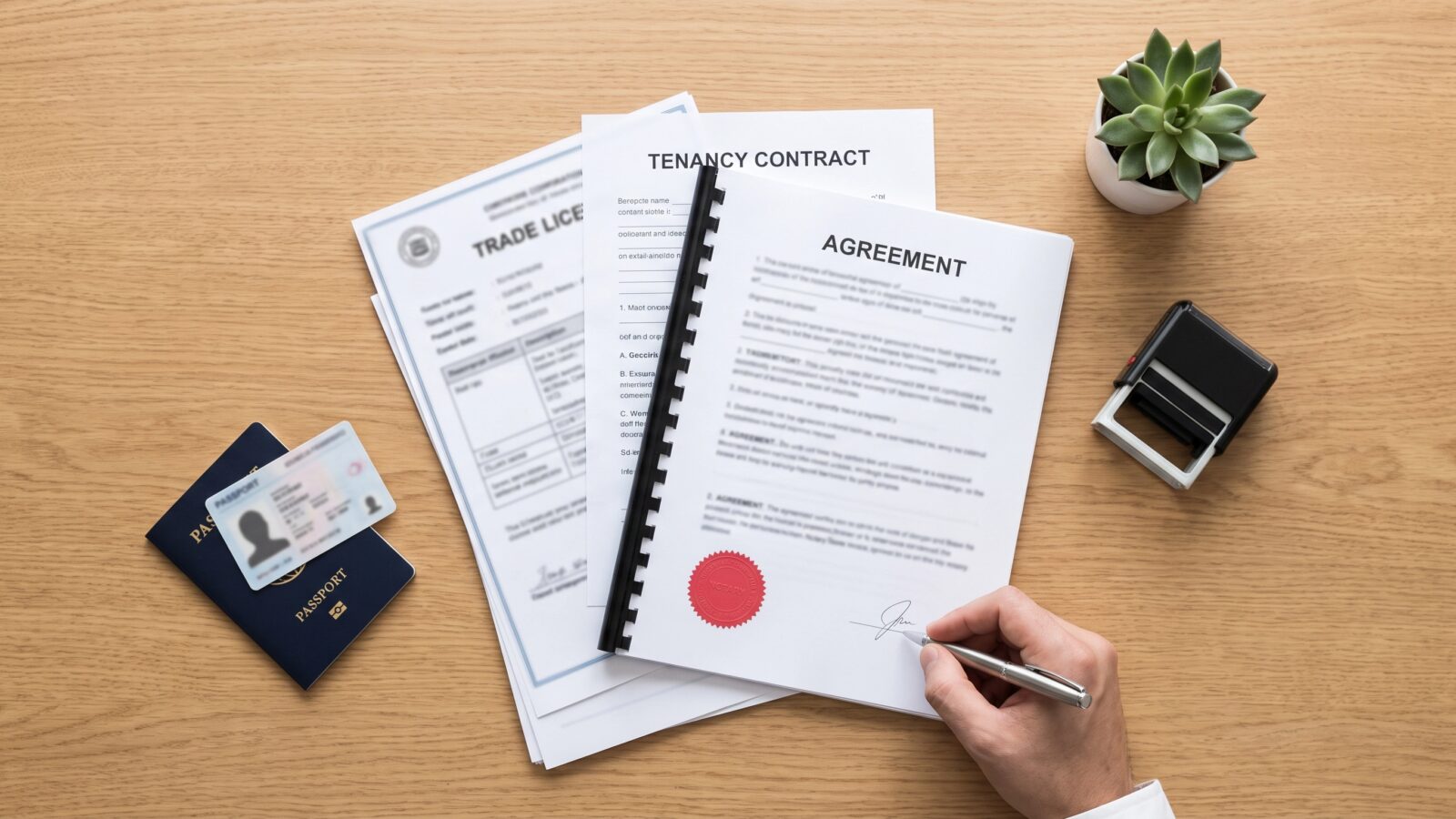 Mainland business setup in Dubai: trade licence application documents, Ejari tenancy contract and Memorandum of Association on a desk